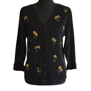 Vintage CLIO Black Yellow Floral Ribbon Embroidered V-Neck Button Cardigan...